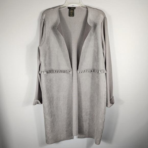 Renuar Womens XL Open Front Cardigan Gray Knit Suede Touch Ruffle Trim Duster - Picture 1 of 5